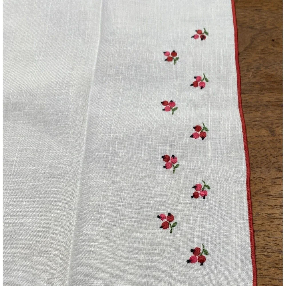 Vintage Set of Cloth Luncheon Placemats (4) Red & Pink Floral Embroidery Details
